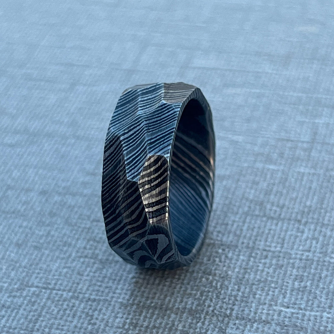 Rock Hammered Damascus Steel Ring