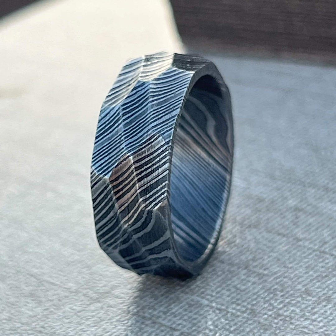Rock Hammered Damascus Steel Ring